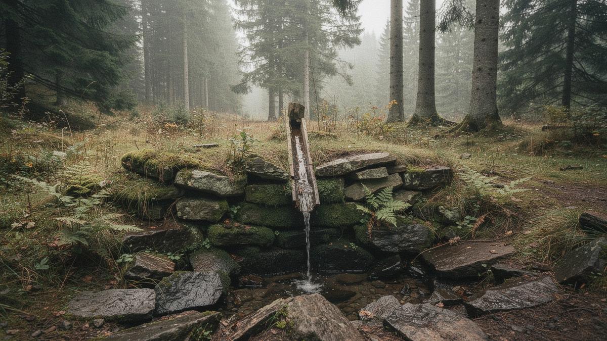 Mineral spring source in a forest clearing above 900 m in the Chornohora range of the Carpathians